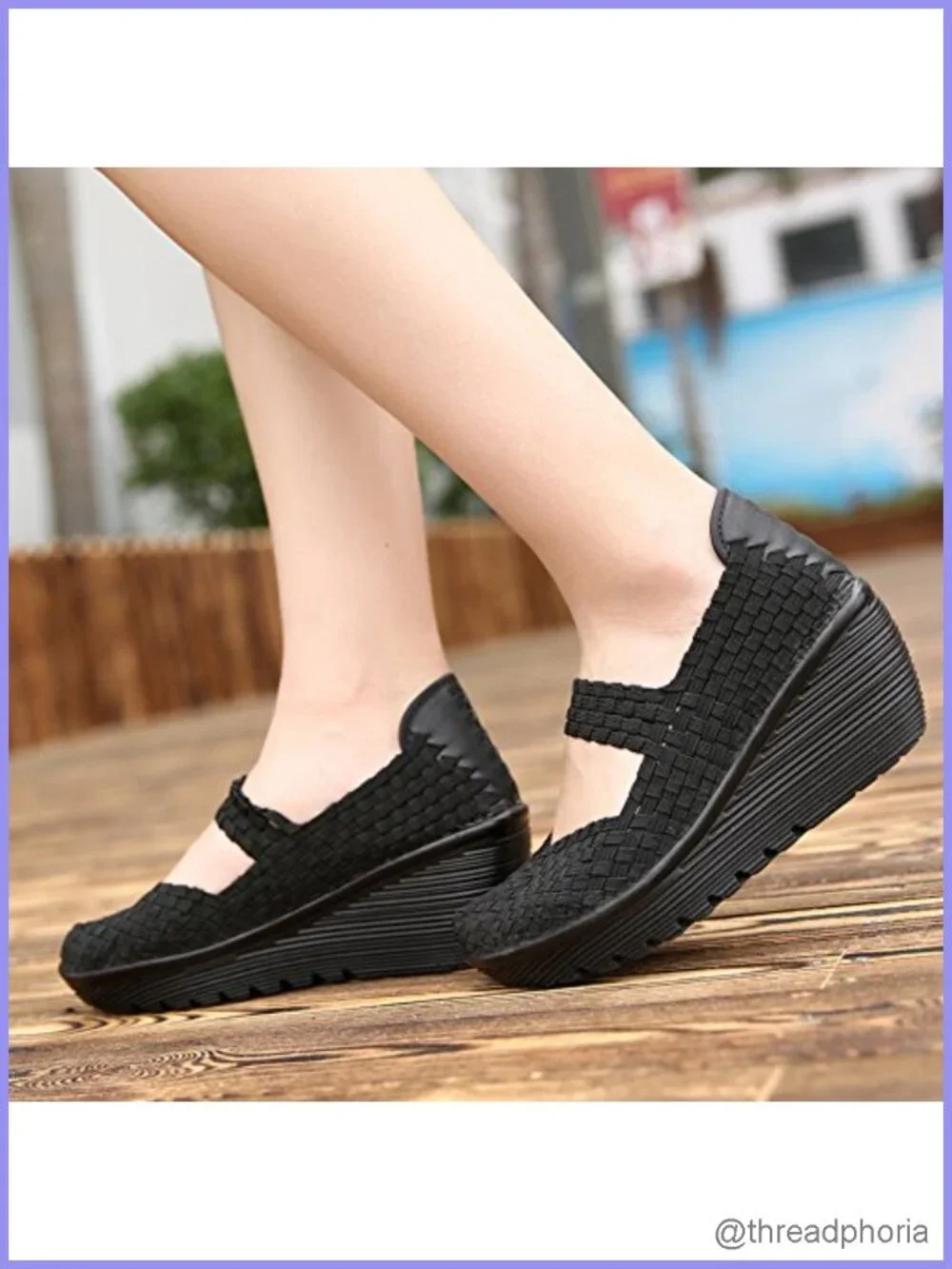 Woven Wedge Mary Jane Sandals w/ Elastic Ankle Strap Closed Toe